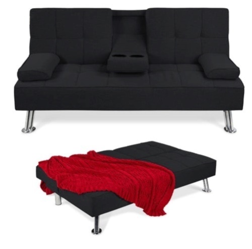 Linen Upholstered Convertible Sofa Bed Futon w/ 2 Cupholders, Black - Lot 375