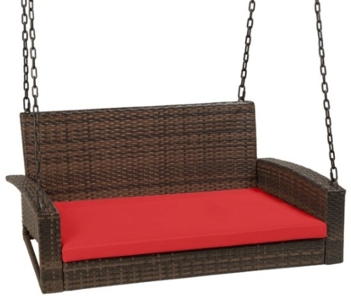 Woven Wicker Hanging Porch Swing Bench w/ Mounting Chains, Seat Cushion, Brown/Red - Lot 377