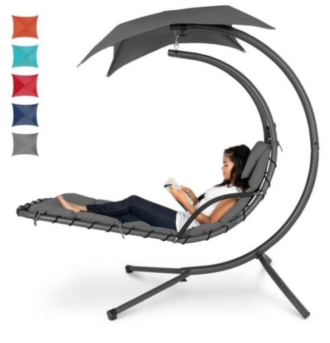 Hanging Curved Chaise Lounge Chair w/ Built-In Pillow, Removable Canopy, Charcoal Gray - Lot 378