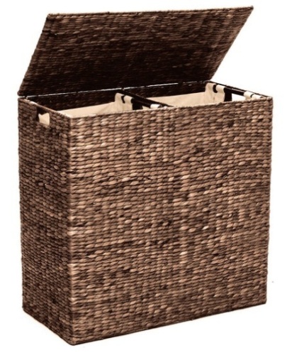 Extra Large Water Hyacinth Double Laundry Hamper Basket w/ 2 Liner Bags, Espresso - Lot 379