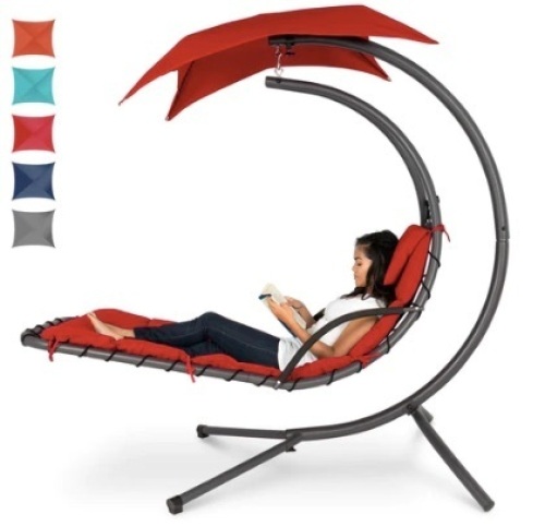 Hanging Curved Chaise Lounge Chair w/ Built-In Pillow, Removable Canopy, Red - Lot 362