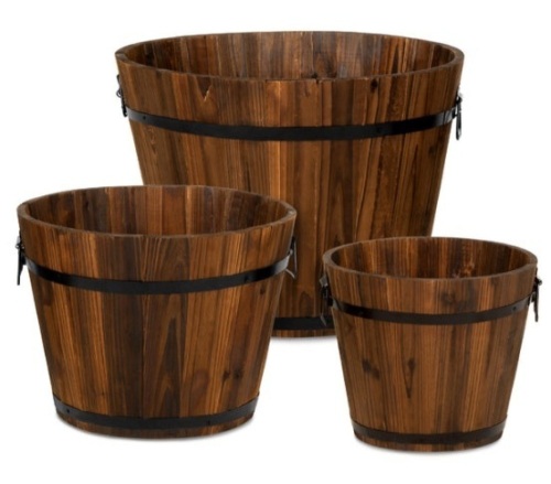 Set of 3 Rustic Wood Bucket Barrel Garden Planters Set w/ Drainage Holes - Lot 366