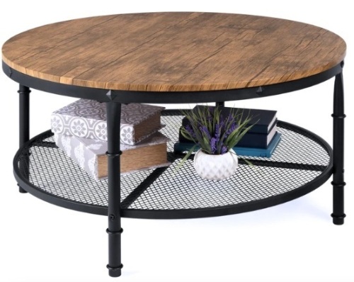 2-Tier Round Industrial Wood & Steel Coffee Table, Storage Shelves - 35.5in - Lot 400