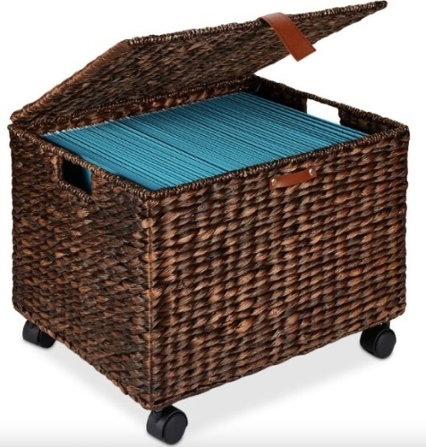 Mobile Water Hyacinth Rolling Filing Cabinet Storage Basket w/ Lid, Wheels - Lot 405
