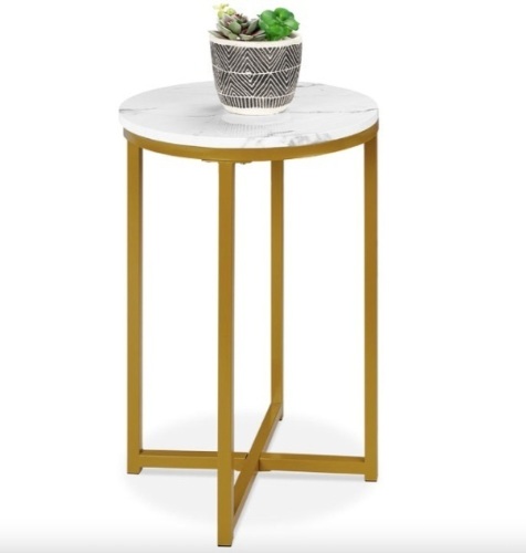 Round Coffee Side Table w/ Faux Marble Top, Metal Frame - 16in - Lot 406