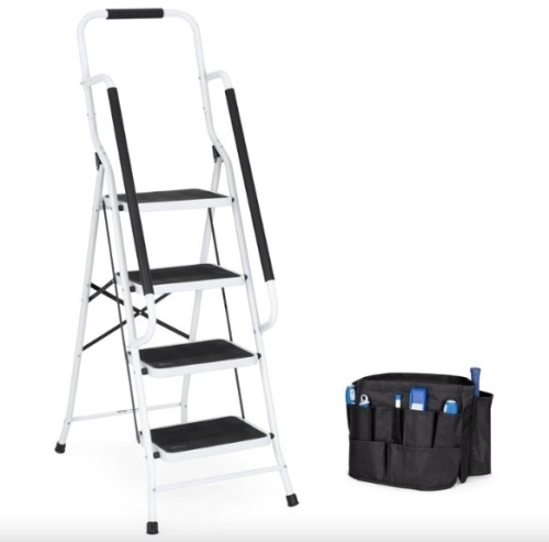 4-Step Portable Folding Ladder w/ Handrails, Attachable Tool Bag - Lot 416