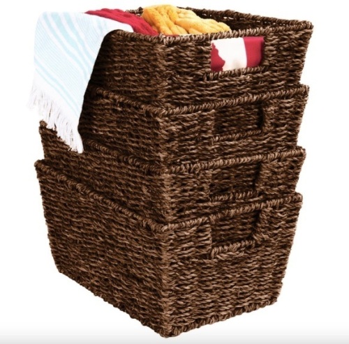 Set of 4 Seagrass Storage Tote Baskets, Laundry Organizer w/ Insert Handles - Lot 417