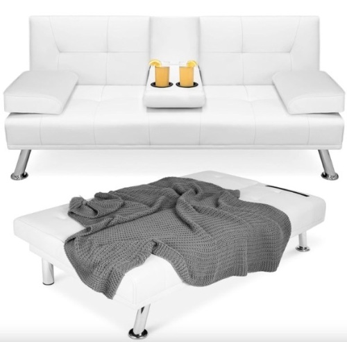 Faux Leather Upholstered Convertible Sofa Bed Futon w/ 2 Cupholders - Lot 436
