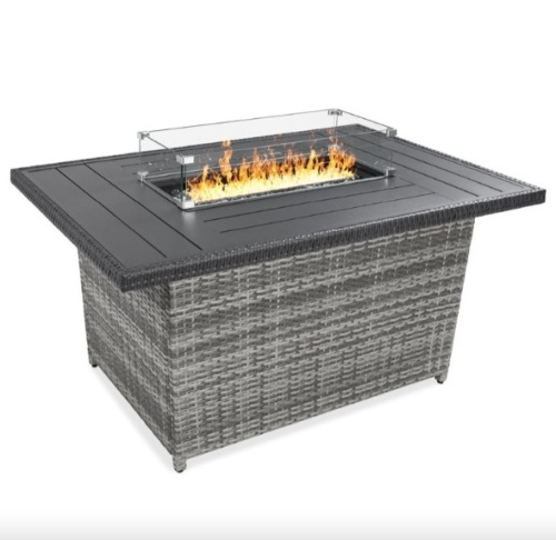 Wicker Propane Fire Pit Table, 50,000 BTU w/ Glass Wind Guard, Cover - 52in - Lot 443