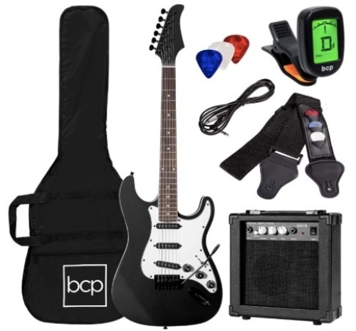 Best Choice Products 39in Full Size Beginner Electric Guitar Starter Kit w/Case, Strap, 10W Amp, Strings, Pick, Tremolo Bar - Jet Black - Lot 444