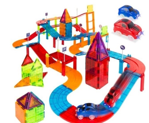 105-Piece Kids Magnetic Building Tiles Set, Racetrack Construction Education STEM Toy w/ 2 Cars - Lot 476