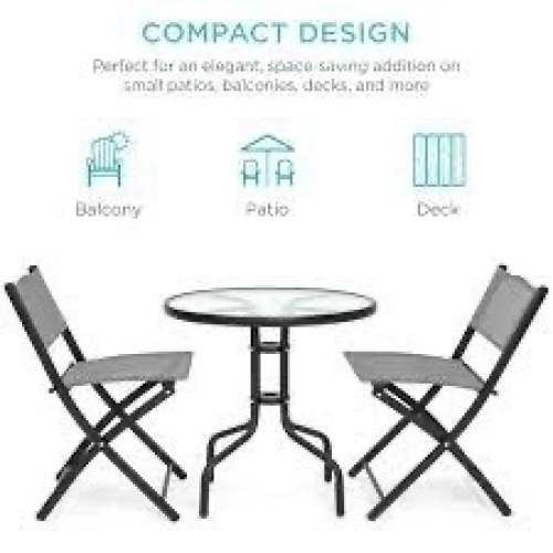3-Piece Bistro Set w/ Glass Table, 2 Foldable Chairs - Lot 3268