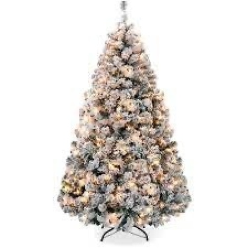 Pre-Lit Snow Flocked Artificial Pine Christmas Tree w/ Warm White Lights - Lot 3293
