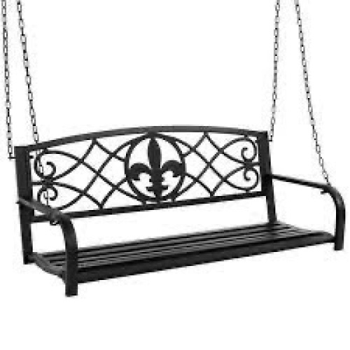 2-Person Outdoor Metal Hanging Swing Bench w/ Fleur-de-Lis Accents - Lot 3411