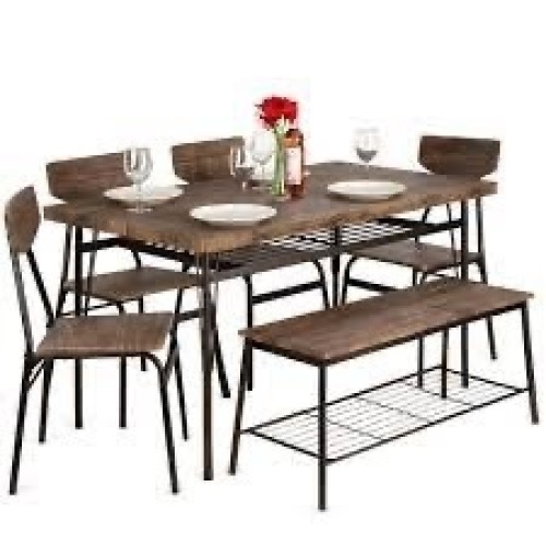 6-Piece Modern Dining Set w/ Storage Racks, Table, Bench, 4 Chairs - 55in - Lot 3464