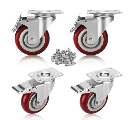 PRITEK 4 inch Swivel Caster Wheels Bearing 1200lbs 4 Pack Heavy Duty Rubber Plate Casters all with Safety Brake No Noise Lockable Swivel Casters Include 16pcs Screws Set, New in Box - Lot 62