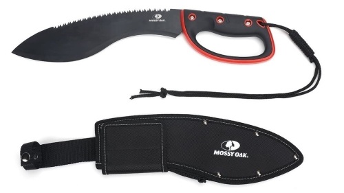 MOSSY OAK 18-inch Kukri Machete, 12-inch Black Blade with Saw Back, Full Tang TPR Handle with Lanyard, Solid Nylon Sheath Included, Appears New, Untested - Lot 75