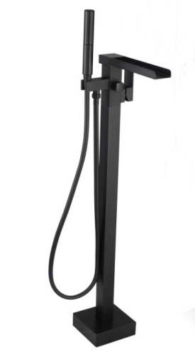 Freestanding Bathtub Faucet Waterfall Tub Filler Matte Black Floor Mount Brass Single Handle Bathroom Tub Faucets with 2 Function Hand Shower Wand, Appears New - Lot 170
