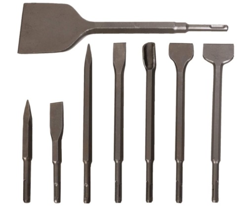 TcnoMreol Concrete SDS Chisel Bits Set, 8pcs Chrome Steel SDS Plus Pointed Flat Wide Scaling Chisels Gouge Scraping Chisels Angled Bent Removal Chisel for Concrete, Brick, Masonry Max to 7/10113In, Appears New - Lot 205