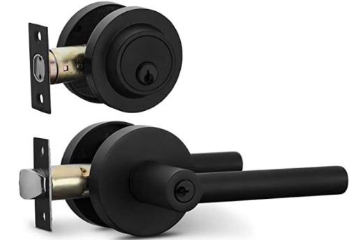 Berlin Modisch Entry Lever Door Handle and Single Cylinder Deadbolt Lock and Key Sleek Round Locking Lever Handle Set [Front Door or Office] Right & Left Sided Doors Heavy Duty – Iron Black Finish, E-Commerce Return - Lot 248