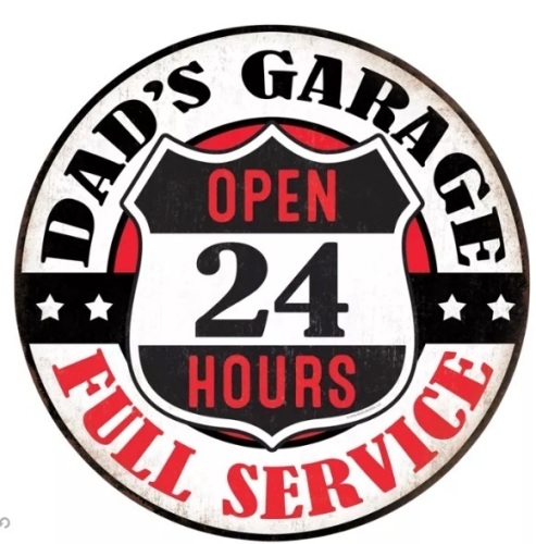 Open Road Brands Dad's Garage Round Metal Sign, New with Damage - Lot 351