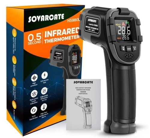 Infrared Thermometer SOVARCATE Digital IR Laser Thermometer Temperature Gun High and Low Temperature Alarm -58°F~1112°F Temperature Probe Cooking/Air/Refrigerator, E-Commerce Return, Untested - Lot 372