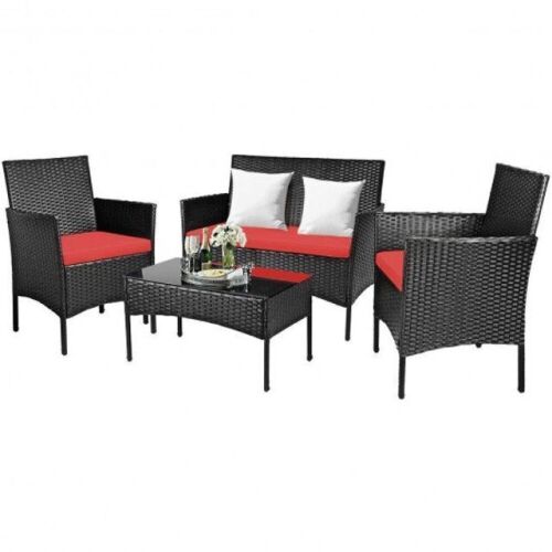 4 Piece Patio Rattan Cushioned Sofa Furniture Set With Tempered Glass Coffee Table - Lot 72