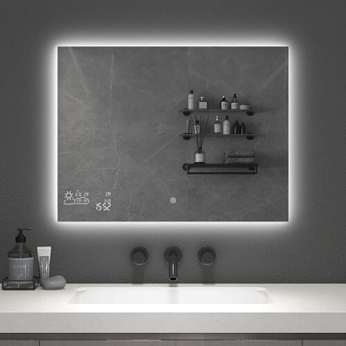 BYECOLD Horizontal Vanity Touch Switch Bathroom Mirror Weather Forecast, LED Illuminate Light Demist/Defogging Makeup Wall Mirror with Calendar Time Date Temperature Humidity Display-31.5’’x23.6’’  - Lot 169