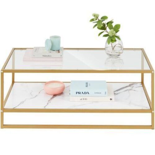 2-Tier Rectangular 2-in-1 Coffee Table w/ Glass & Faux Marble Top - 44in - Lot 173