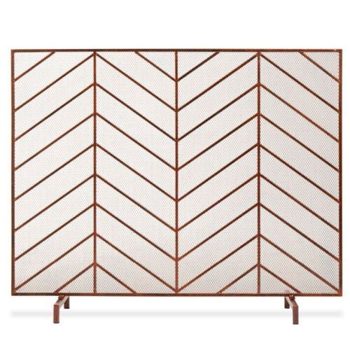 Single Panel Iron Chevron Fireplace Screen w/ Antique Finish - 38x31in  - Lot 547