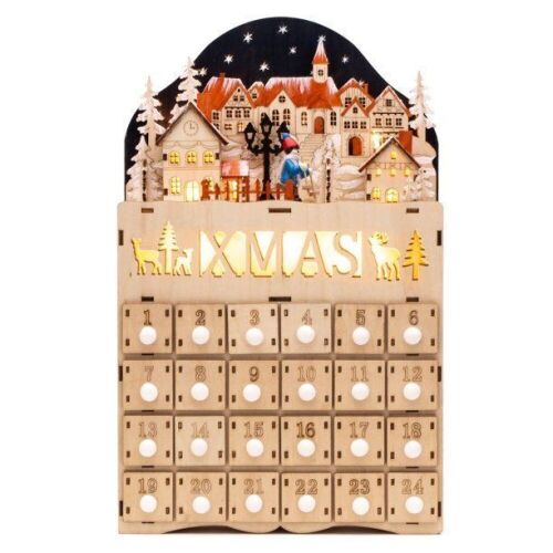 Wooden Christmas Village Advent Calendar w/ Battery-Operated LED Light Background - Lot 827