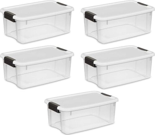 Lot of (5) Sterilite 18 Qt. Clear Storage Containers with (6) White Lids - Lot 867
