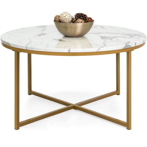 Round Coffee Table w/ Faux Marble Top, Metal Frame - 36in  - Lot 972