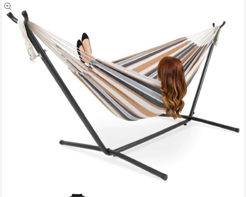 2-Person Brazilian-Style Double Hammock w/ Carrying Bag and Steel Stand, damanged Box, Appears New  - Lot 163