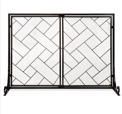 2-Panel Wrought Iron Geometric Fireplace Screen w/ Magnetic Doors - 44x33in, Appears New - Lot 106