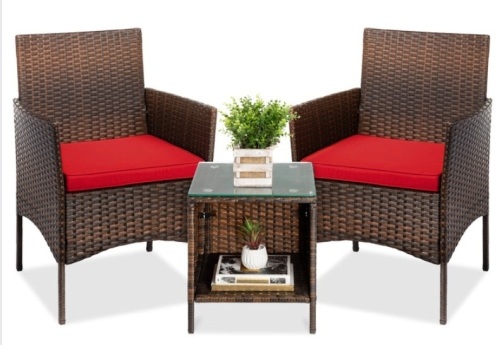3-Piece Outdoor Patio Wicker Bistro Set w/ Side Storage Table, Brown/Red - Lot 11