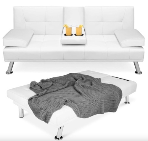 Faux Leather Upholstered Convertible Sofa Bed Futon w/ 2 Cupholders - Lot 79