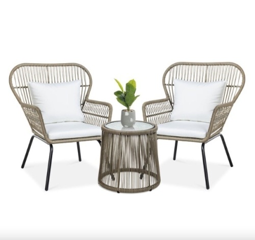 3-Piece Patio Wicker Conversation Bistro Set w/ 2 Chairs, Glass Top Table - Lot 92