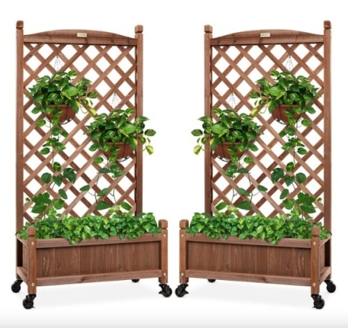 Set of 2 Wood Planter Box & Lattice Trellis w/ Optional Wheels - 48in - Lot 102