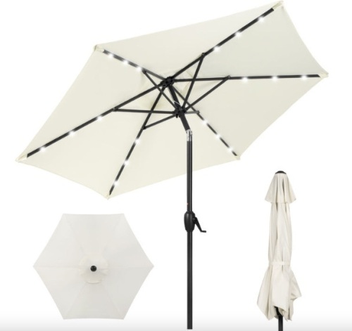 Outdoor Solar Patio Umbrella w/ Push Button Tilt, Crank Lift - 7.5ft - Lot 120