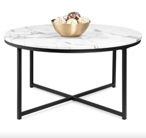 Round Coffee Table w/ Faux Marble Top, Metal Frame - 36in - Lot 129