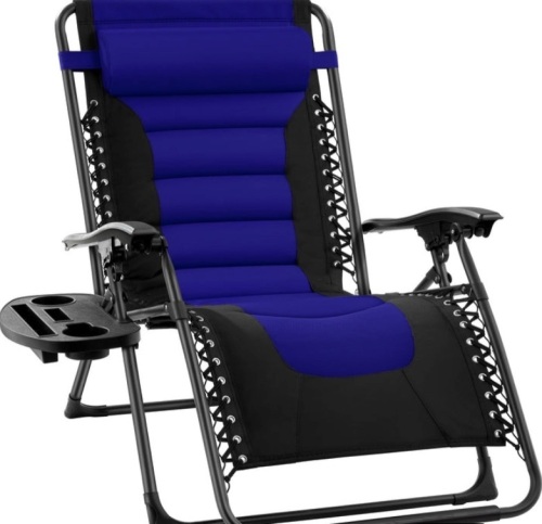 Oversized Padded Zero Gravity Chair, Folding Recliner w/ Headrest, Side Tray, Blue/Black - Lot 135