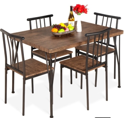 5-Piece Modern Metal and Wood Dining Table Furniture Set w/ 4 Chairs, Drift Brown - Lot 136