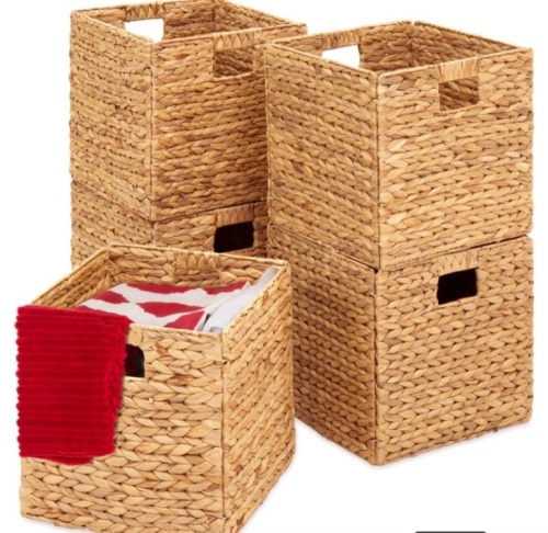 Set of 5 Collapsible Hyacinth Storage Baskets w/ Inserts - 12x12in, Natural - Lot 138