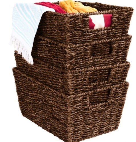 Set of 4 Seagrass Storage Tote Baskets, Laundry Organizer w/ Insert Handles, Brown - Lot 140