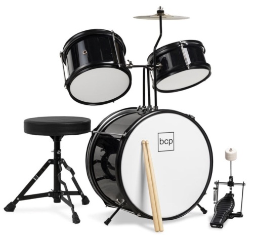 Kids Beginner 3-Piece Drum, Musical Instrument Set w/ Sticks, Stool, Pedal, Black - Lot 145