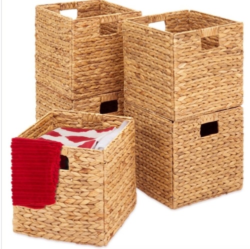 Set of 5 Collapsible Hyacinth Storage Baskets w/ Inserts - 12x12in, Natural - Lot 146
