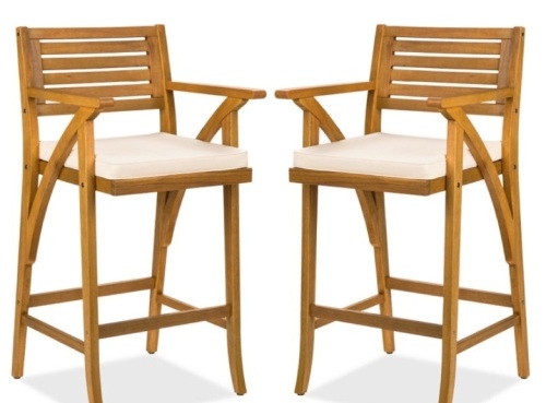 Set of 2 Outdoor Acacia Wood Bar Stools Chairs w/ Weather-Resistant Cushions - Lot 156