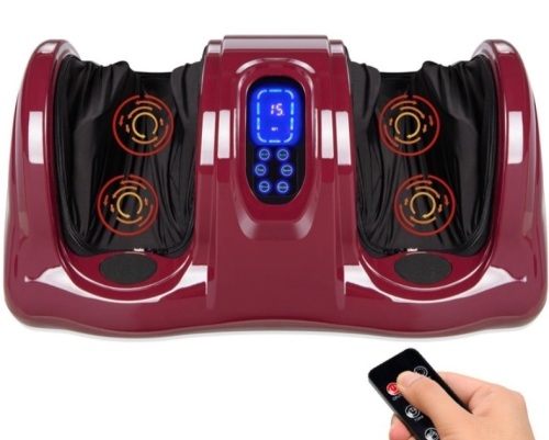 Therapeutic Foot Massager w/ High Intensity Rollers, Remote, 3 Modes, Burgundy - Lot 160