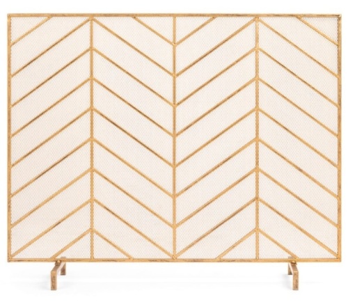 Single Panel Iron Chevron Fireplace Screen w/ Antique Finish - 38x31in, Gold - Lot 162